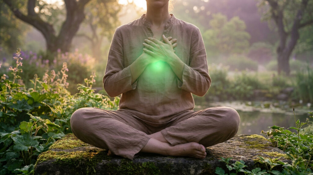Personne méditant en position du lotus avec une lueur verte émanant du centre de sa poitrine dans un jardin paisible.