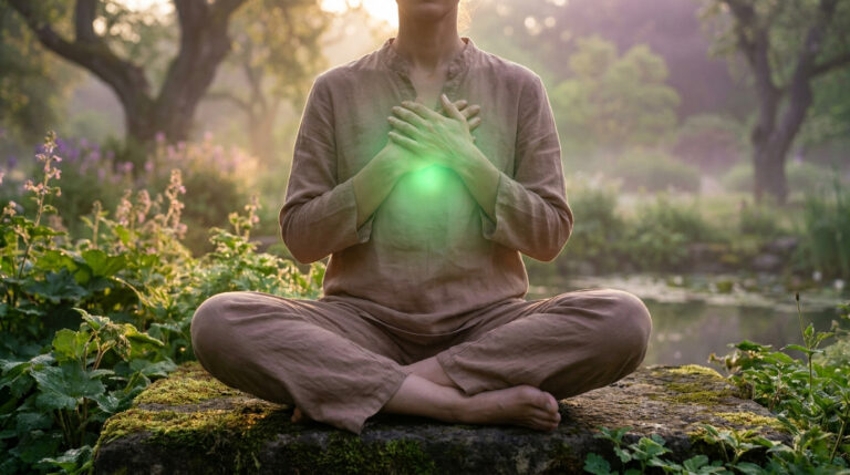 Personne méditant en position du lotus avec une lueur verte émanant du centre de sa poitrine dans un jardin paisible.