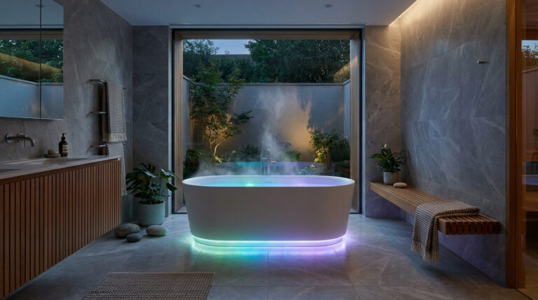 Baignoire moderne avec éclairage LED dans une salle de bain zen donnant sur un jardin paysager avec de la vapeur.