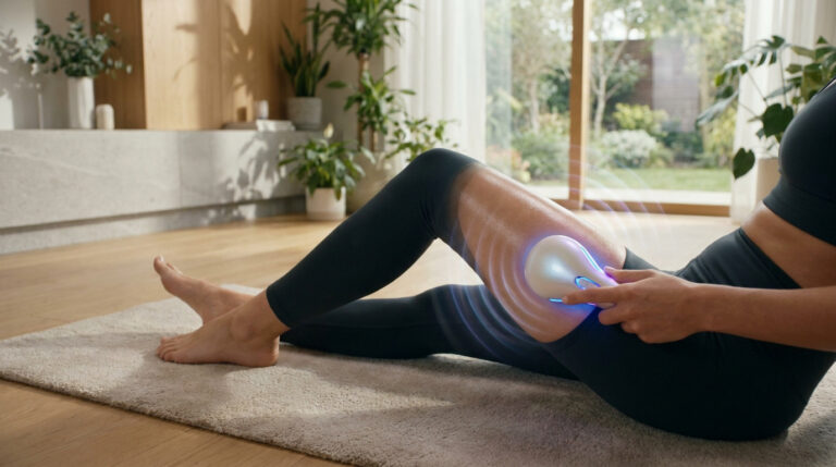Une femme utilise un appareil de massage vibrant sur sa cuisse dans un intérieur lumineux et végétalisé.