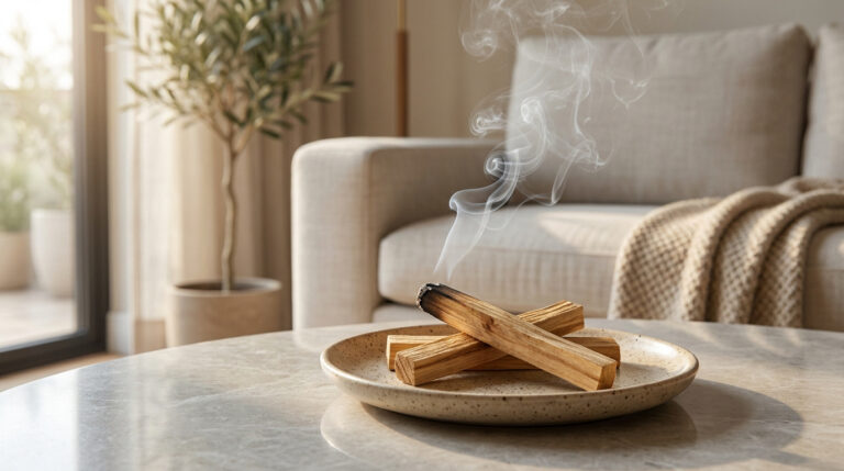 Bâtonnets de Palo Santo fumants sur une coupelle dans un salon lumineux et chaleureux.