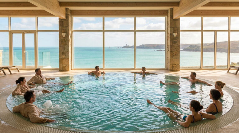 Groupe de personnes se relaxant dans une piscine circulaire à débordement face à la mer dans un centre de thalassothérapie.