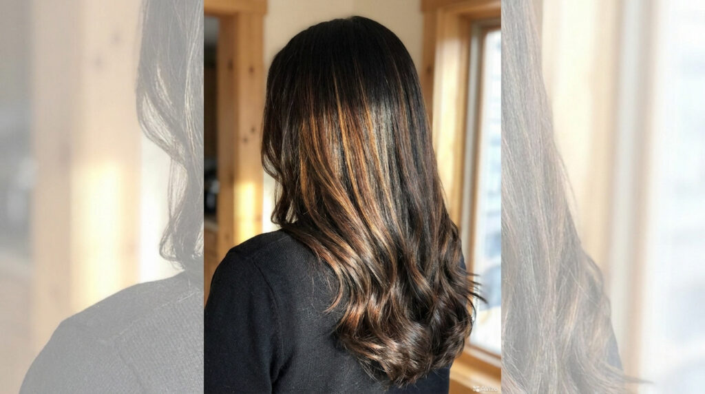 Cheveux noirs longs et ondulés avec des reflets cuivrés et dorés subtils, vus de dos.