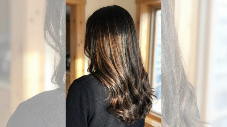Cheveux noirs longs et ondulés avec des reflets cuivrés et dorés subtils, vus de dos.