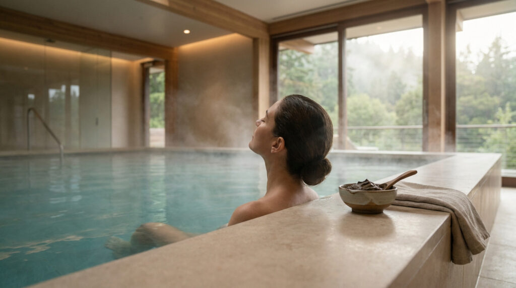 Une femme se relaxe dans une piscine d'eau thermale chaude avec de la vapeur, un bol de boue thérapeutique au premier plan.