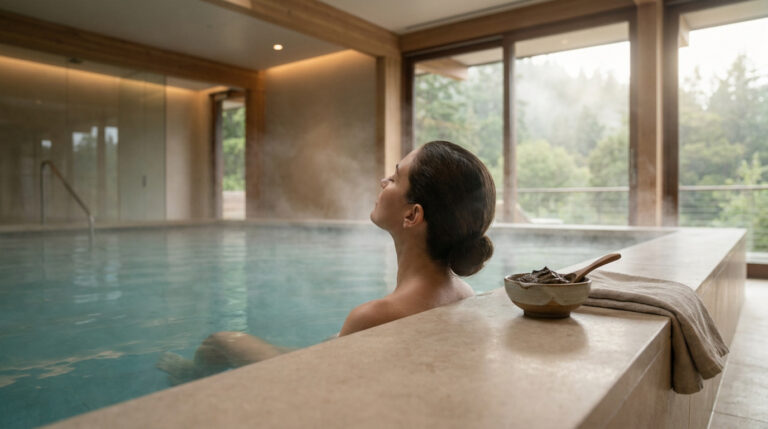 Une femme se relaxe dans une piscine d'eau thermale chaude avec de la vapeur, un bol de boue thérapeutique au premier plan.