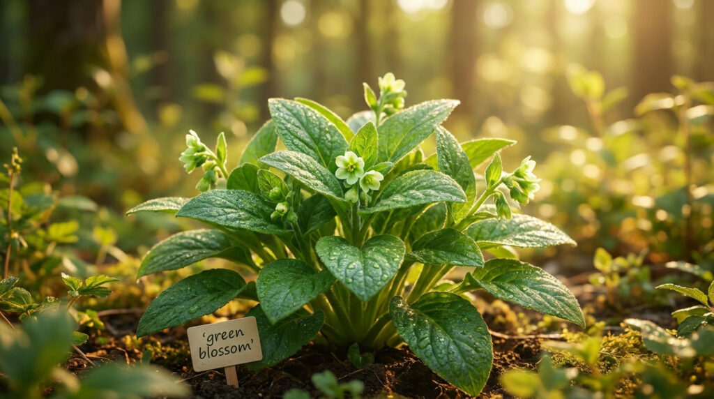 Une plante Green Blossom avec des feuilles vertes et des petites fleurs dans une forêt sous une lumière matinale dorée.