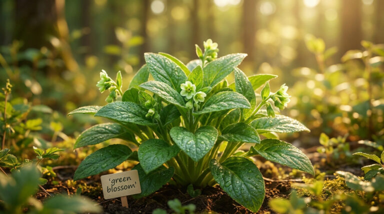 Une plante Green Blossom avec des feuilles vertes et des petites fleurs dans une forêt sous une lumière matinale dorée.