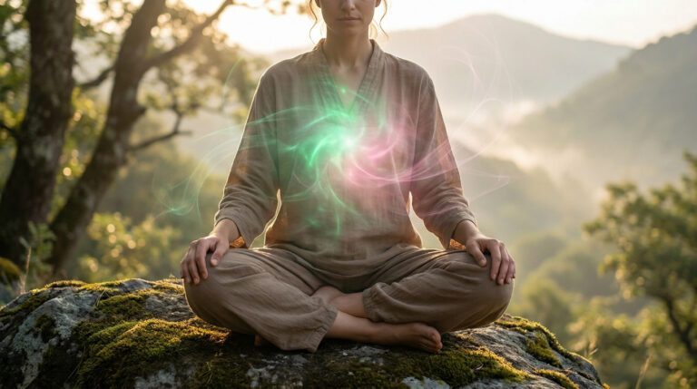 Une personne méditant en plein air avec une aura lumineuse verte et rose brillant au niveau de la poitrine.