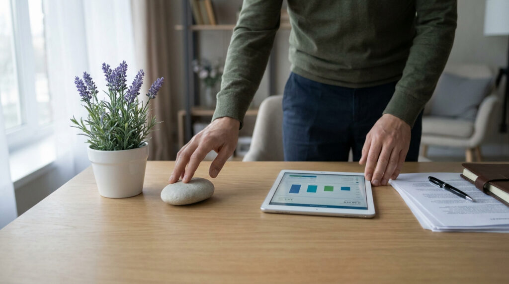 Un homme travaillant sur une tablette à côté d'une plante et d'un galet, évoquant la gestion de projet et la naturopathie.