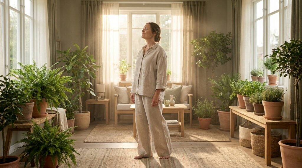 Une femme détendue dans un salon lumineux rempli de plantes, profitant de la lumière naturelle.