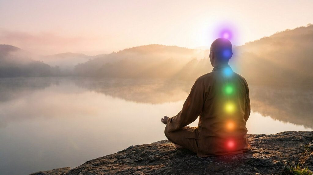 Personne en méditation au bord d'un lac avec les sept chakras représentés par des points lumineux sur la colonne.