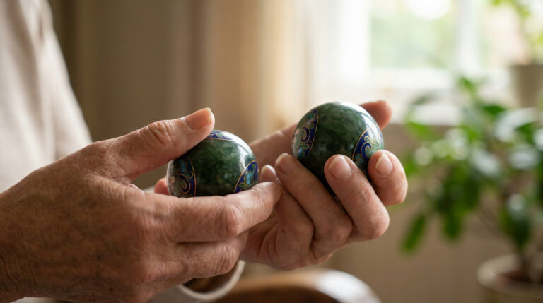 Mains d'une personne âgée faisant tourner deux boules de Qi Gong en jade décorées.