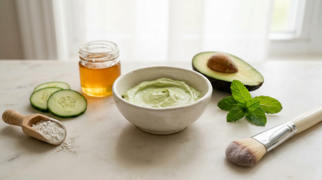 Bol de masque à l'avocat fait maison avec ingrédients naturels, miel, concombre, argile et pinceau sur une table.
