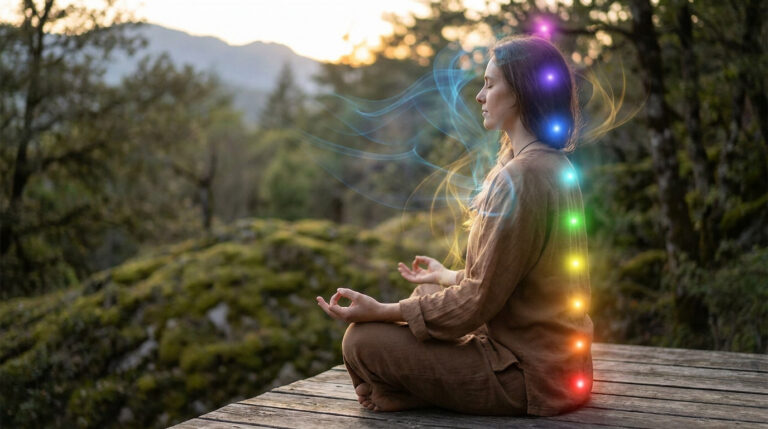 Femme méditant en pleine nature avec les sept chakras représentés par des points lumineux colorés le long de sa colonne.