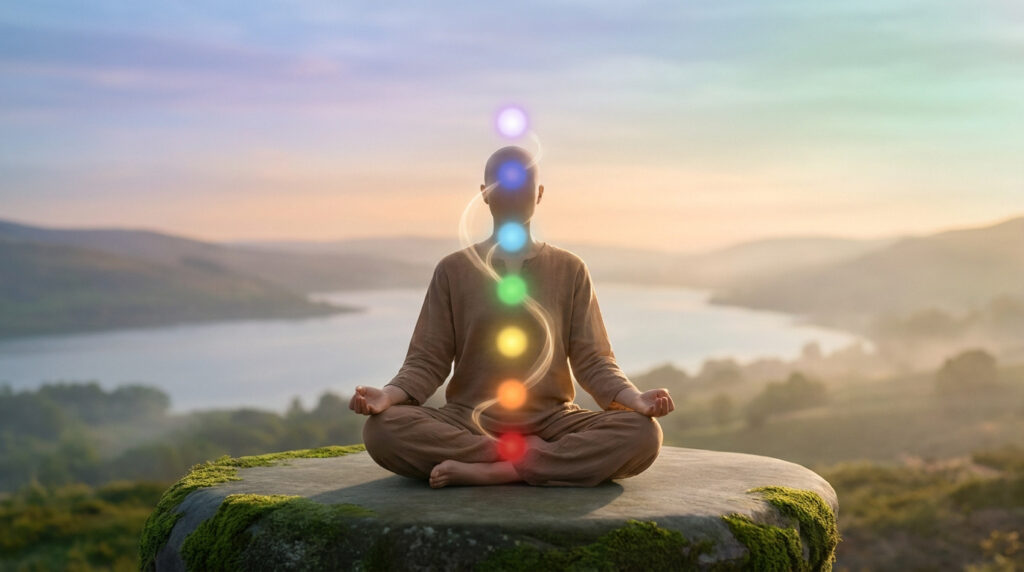 Personne méditant sur un rocher avec sept orbes colorés représentant les chakras alignés le long de la colonne vertébrale.