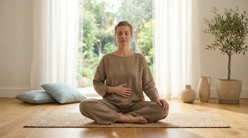Une femme assise en position du lotus, les yeux fermés, pratiquant la respiration consciente dans un salon lumineux.