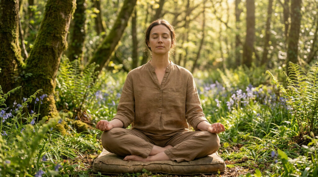 Femme en vêtements beiges pratiquant la méditation assise au milieu d'une forêt de fougères et de fleurs bleues.