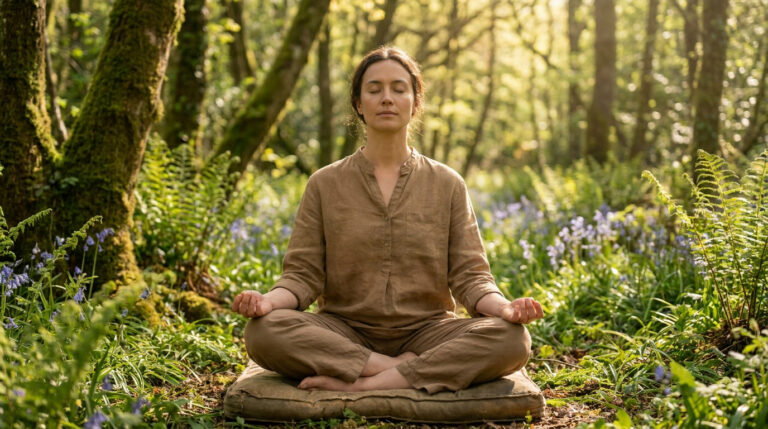 Femme en vêtements beiges pratiquant la méditation assise au milieu d'une forêt de fougères et de fleurs bleues.