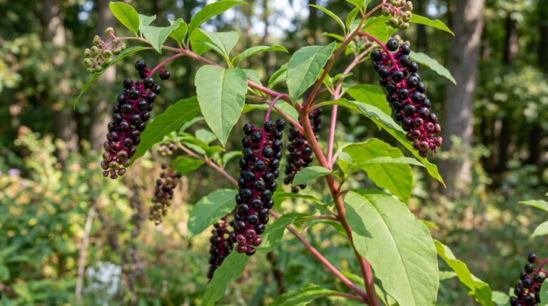 Grappes de baies violettes sombres et tiges rouges de Phytolacca americana dans un sous-bois.