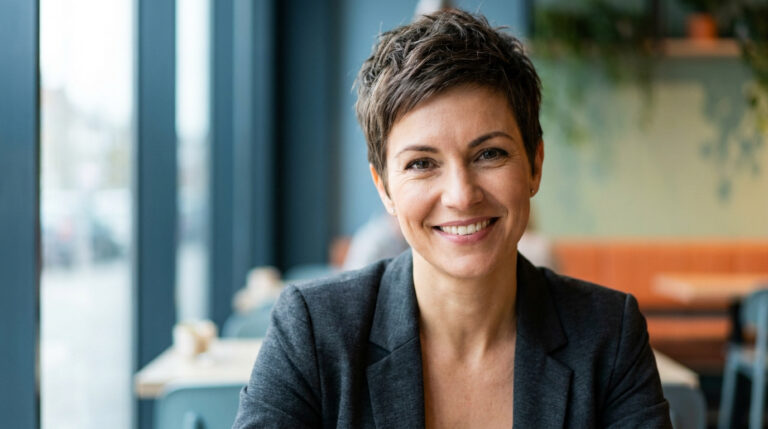 Femme souriante avec une coupe courte moderne et structurée, portant une veste grise dans un café lumineux.