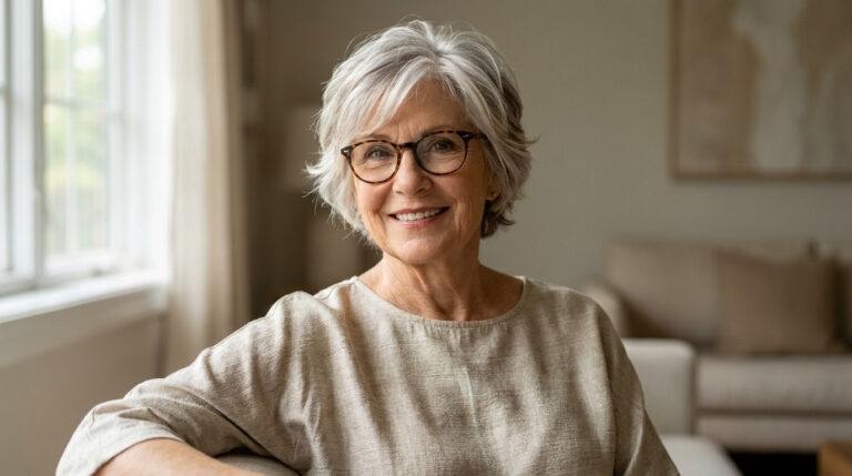 Femme de 70 ans aux cheveux courts gris avec des lunettes, souriante dans un intérieur lumineux.