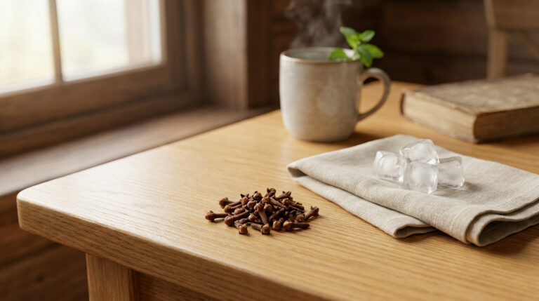 Clous de girofle et glaçons sur une table en bois près d'une tasse fumante pour soulager un mal de dent.