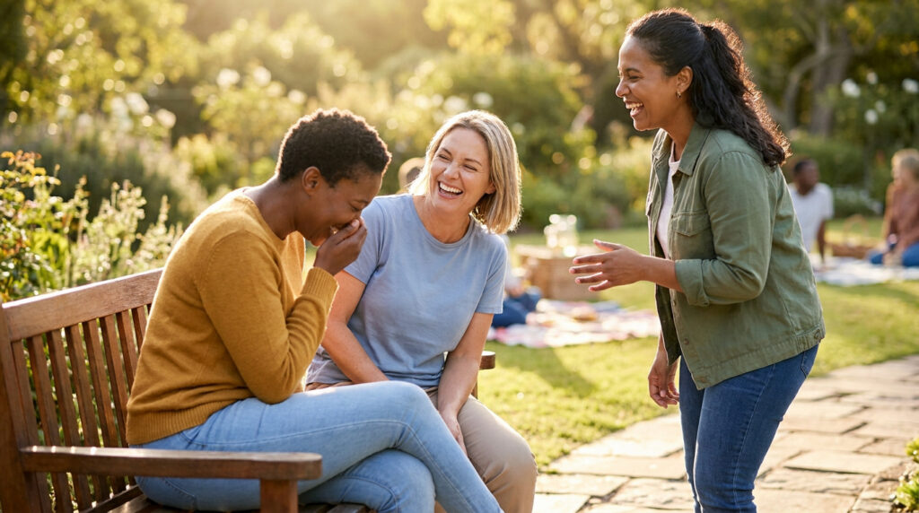 Trois femmes diverses rient ensemble sur un banc de jardin ensoleillé lors d'une sortie décontractée.
