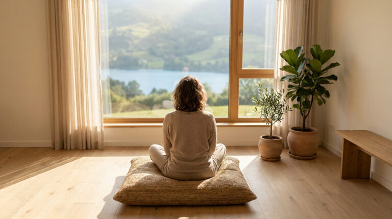 Une femme méditant sur un coussin face à une grande fenêtre donnant sur un lac et un paysage montagneux apaisant.