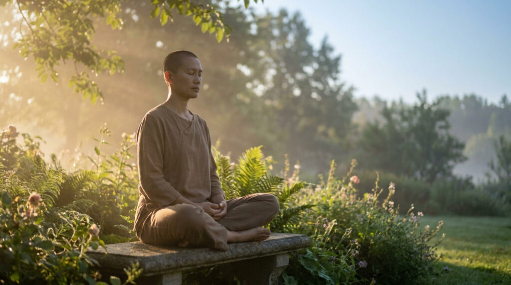 Une personne médite en position assise sur un banc dans un jardin ensoleillé au petit matin.