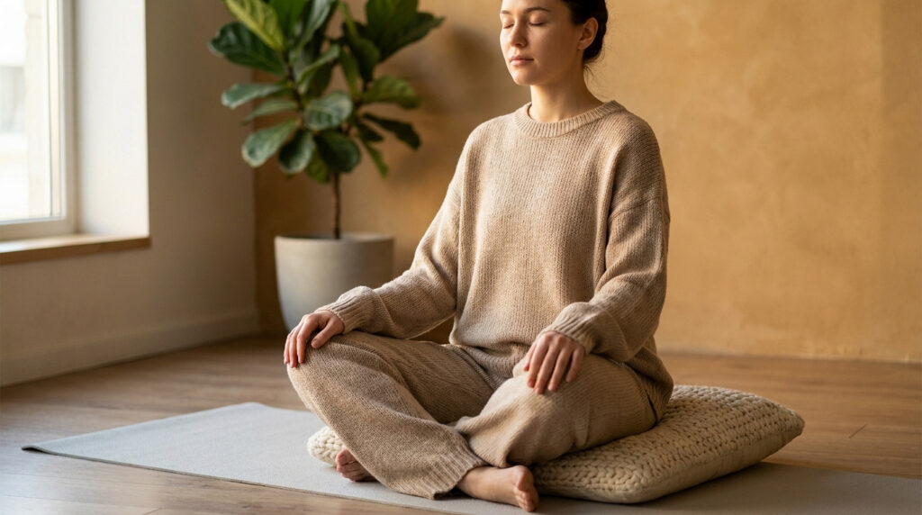 Une femme assise en tailleur sur un tapis, les yeux fermés, pratiquant la méditation dans une pièce lumineuse.