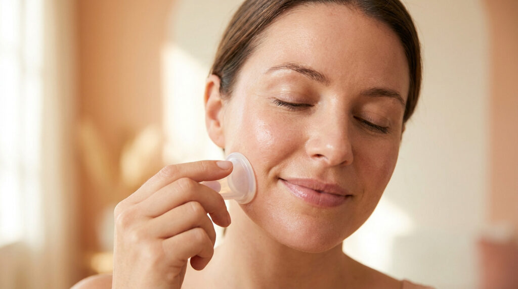 Une femme utilisant une petite ventouse transparente sur sa joue pour un massage du visage.