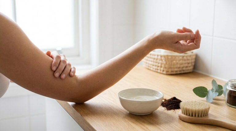 Une femme se masse le bras à côté d'un bol de crème, de marc de café et d'une brosse de massage sur une table en bois.