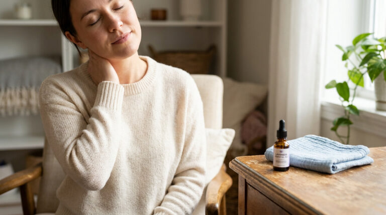 Femme assise se massant la nuque à côté d'une huile essentielle pour apaiser ses douleurs cervicales.
