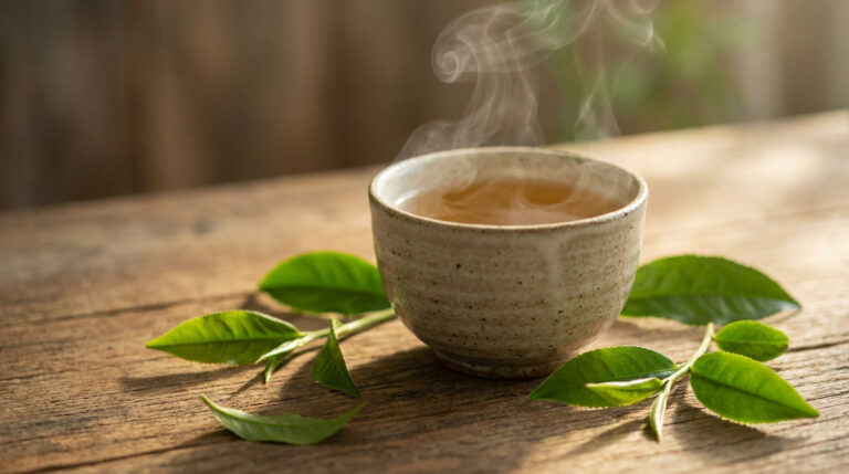 Une tasse en céramique fumante posée sur une table en bois entourée de feuilles de thé vert fraîches.