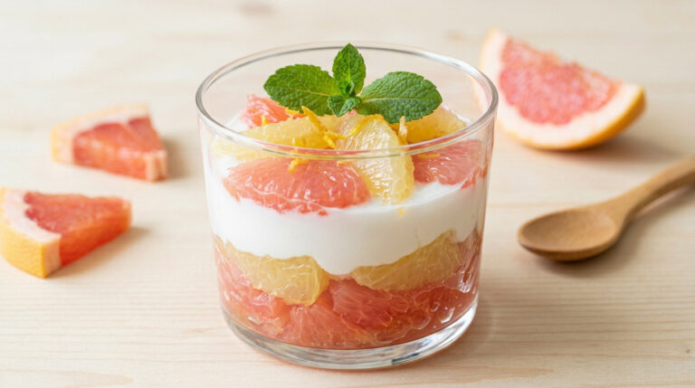 Verrine de pamplemousse rose et yaourt décorée de menthe fraîche sur une table en bois clair.
