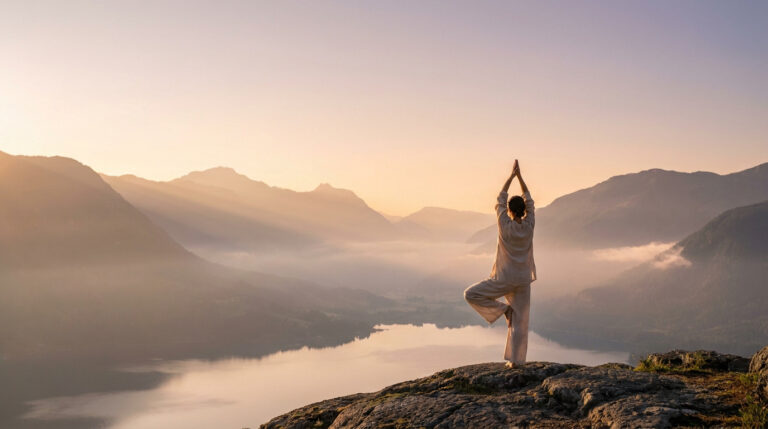 Une personne pratiquant la posture de l'arbre en yoga sur un sommet rocheux face à un lac et des montagnes au lever du soleil.