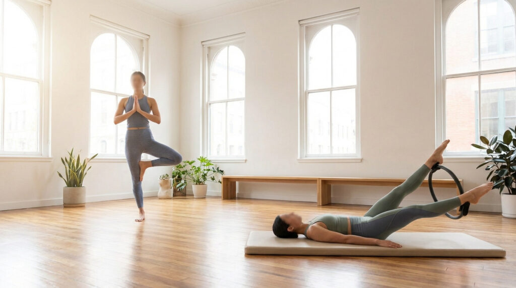 Une personne pratique la posture de l'arbre en yoga tandis qu'une autre fait des exercices de Pilates avec un anneau.